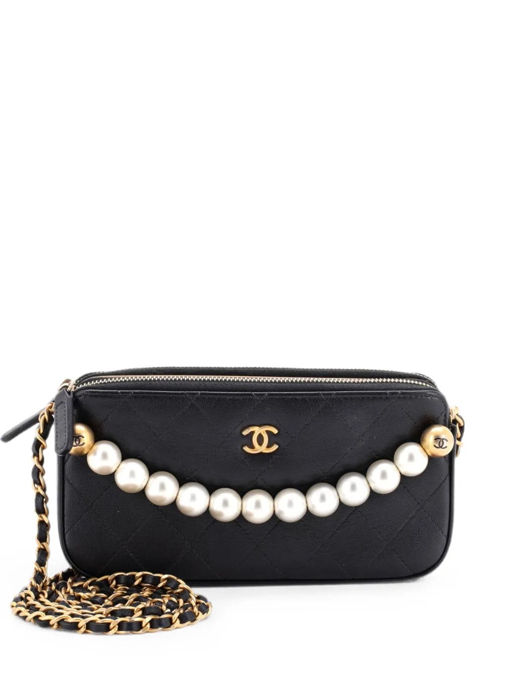 Chic Pearls Double Zip Clutch with Chain Quilted Lambskin crossbody bag