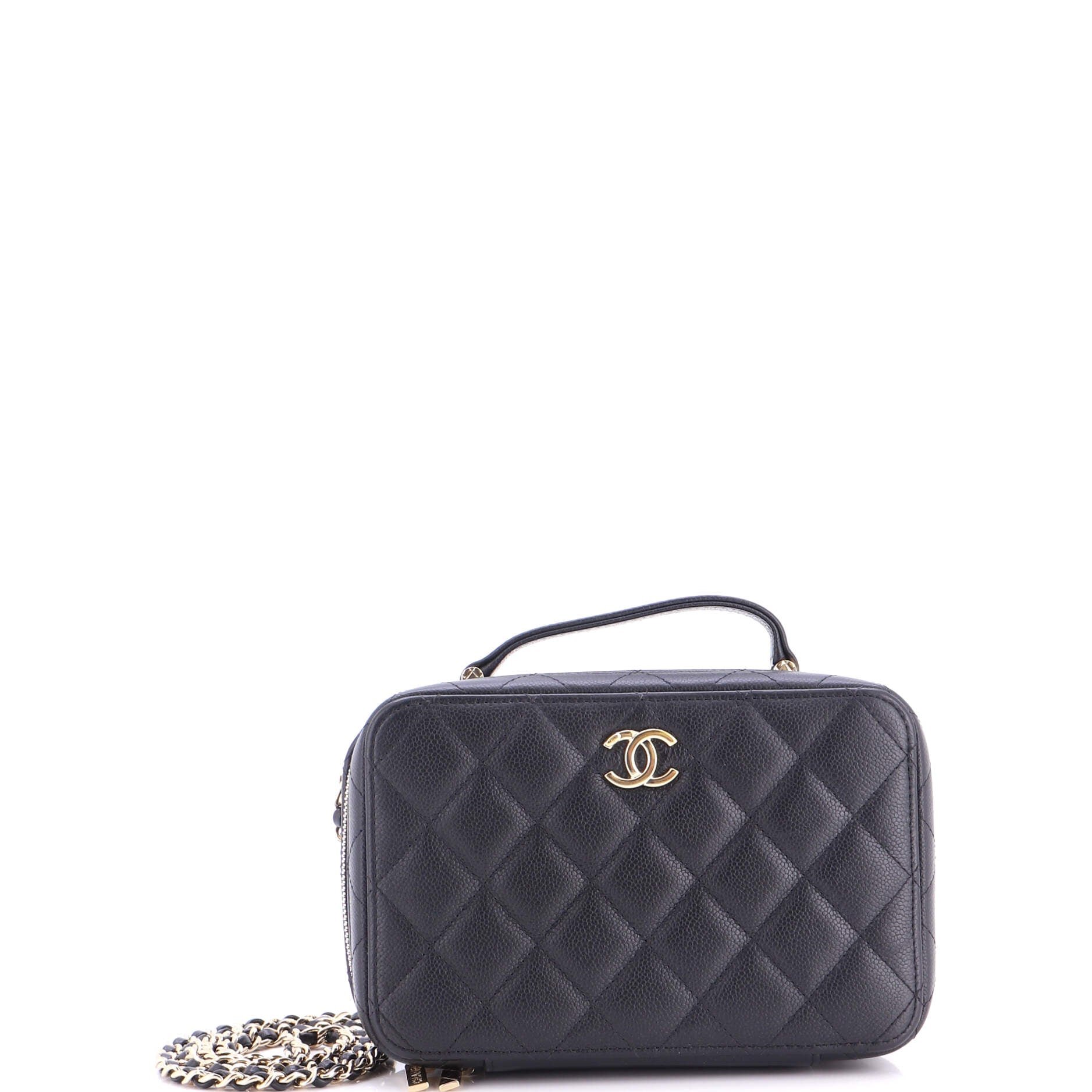CC Zip Around Top Handle Vanity Case with Chain Quilted Caviar Small