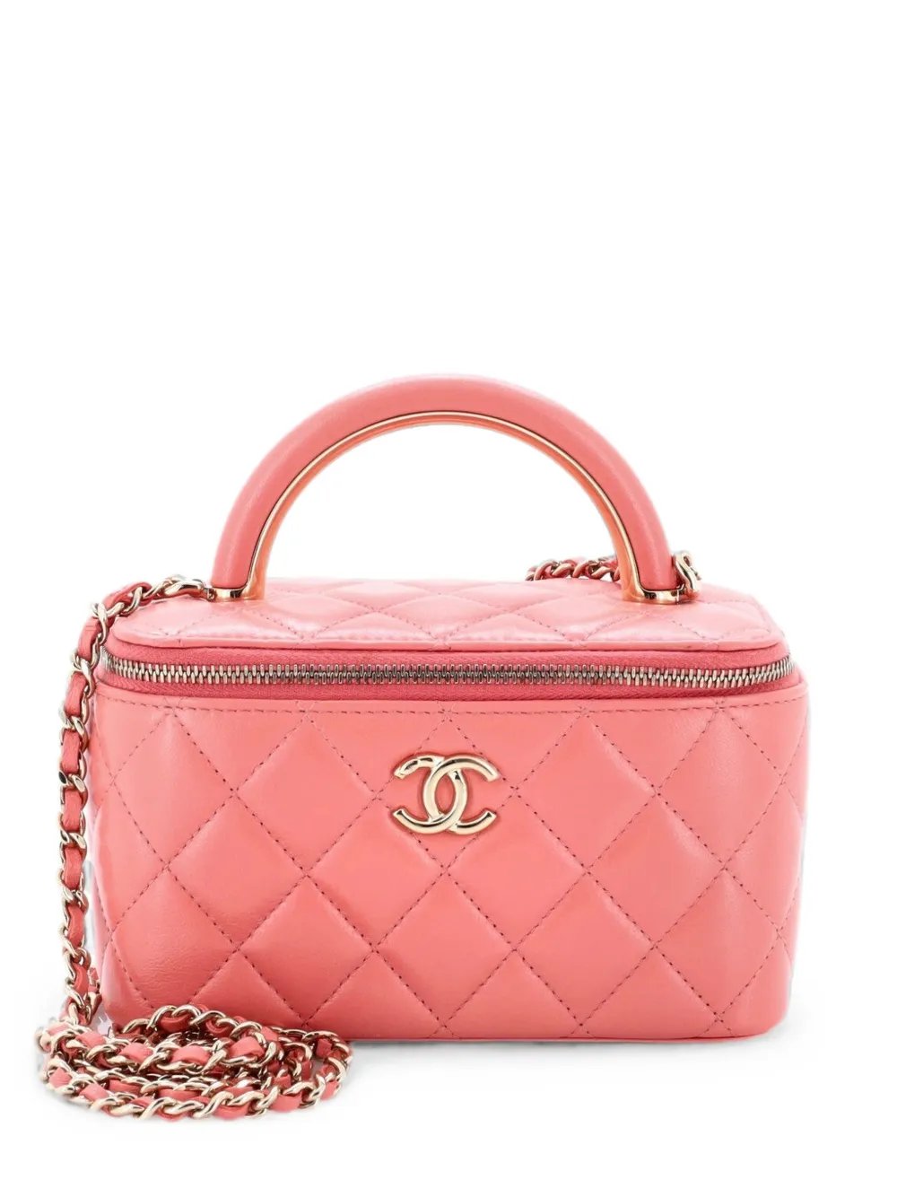 Charming Handle Vanity Case with Chain Quilted Lambskin Small satchel