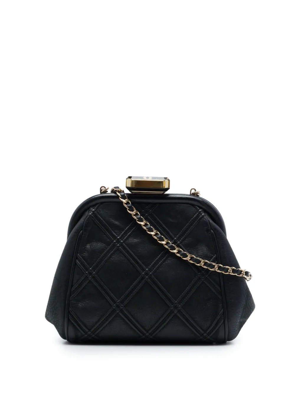 2014 CC Quilted Lambskin Double Stitch Kiss Lock Clutch with Chain crossbody bag