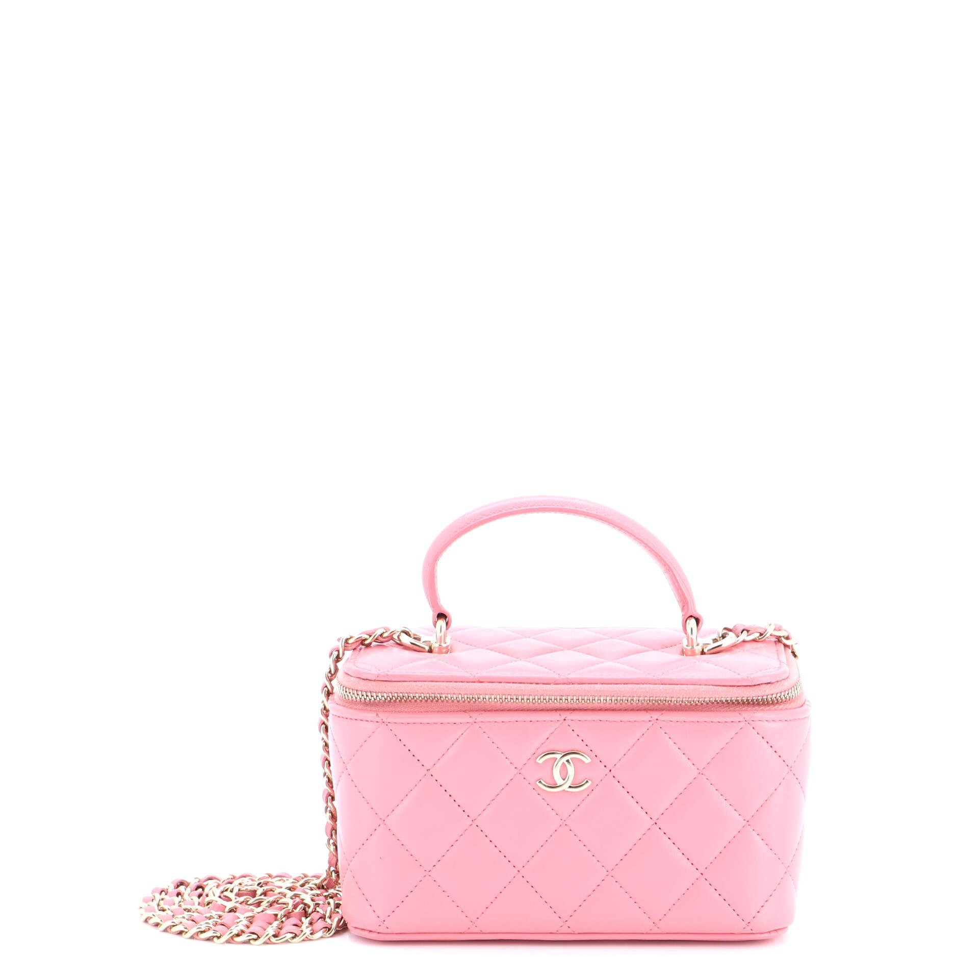 Classic Top Handle Vanity Case with Chain Quilted Lambskin Small