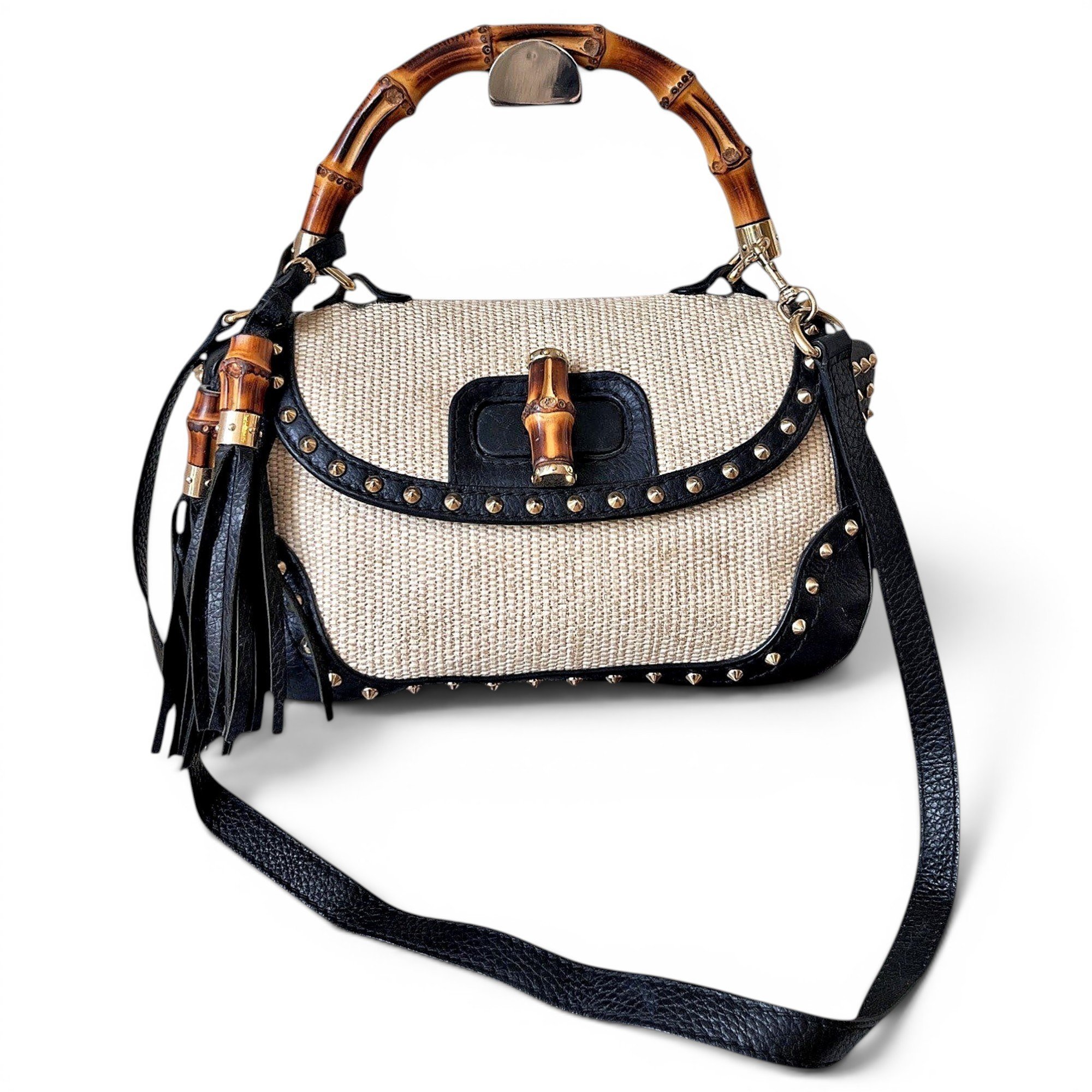 Convertible Pompon Bamboo Top Handle leather handbag