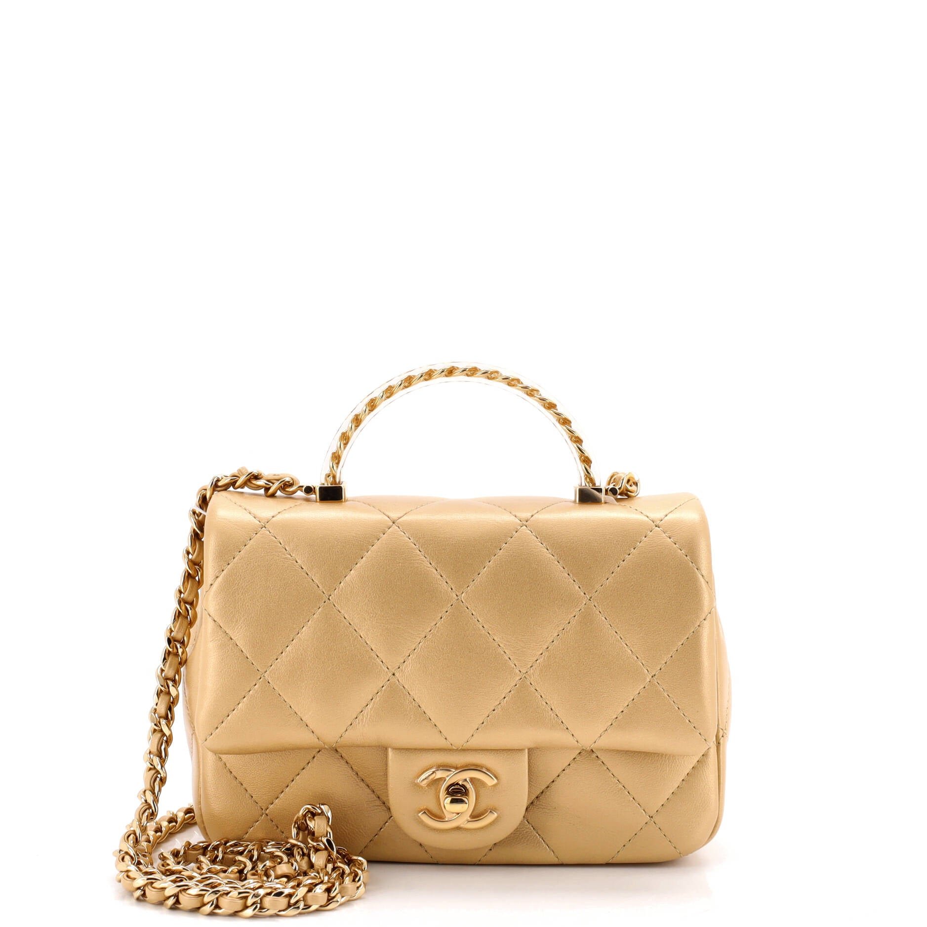 Chanel Resin Chain Top Handle Flap Bag Quilted Lambskin Mini