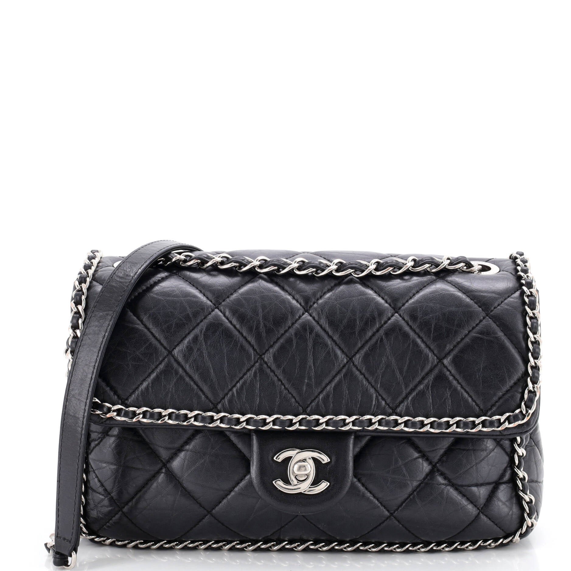 Running Chain Around Flap Bag Quilted Crumpled Calfskin Medium