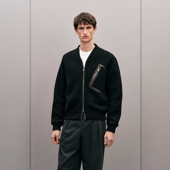 Noir Zipped Cardigan With Leather Detail