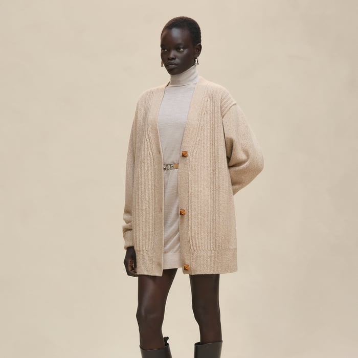 Beige Camel Thick Long-sleeve Cardigan