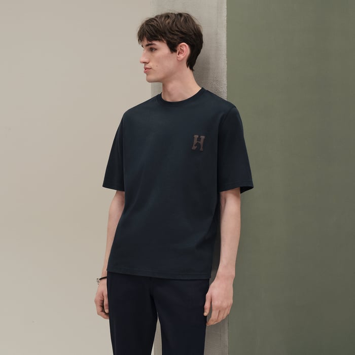 Marine "H'Cheval" T-shirt With Leather Detail