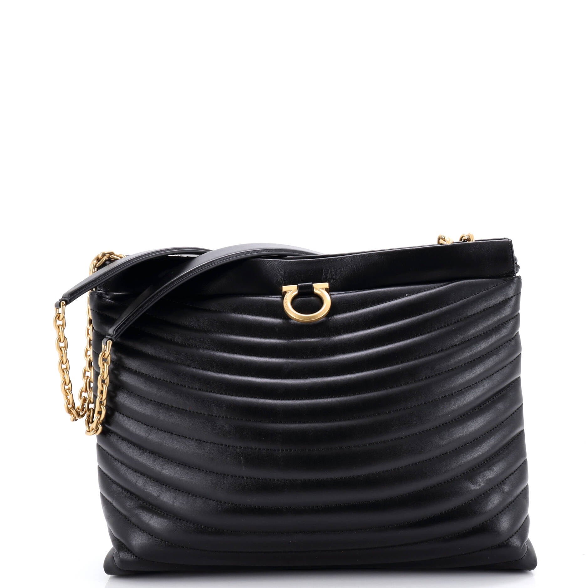 Gancini Drawstring Chain Tote Quilted Leather Medium