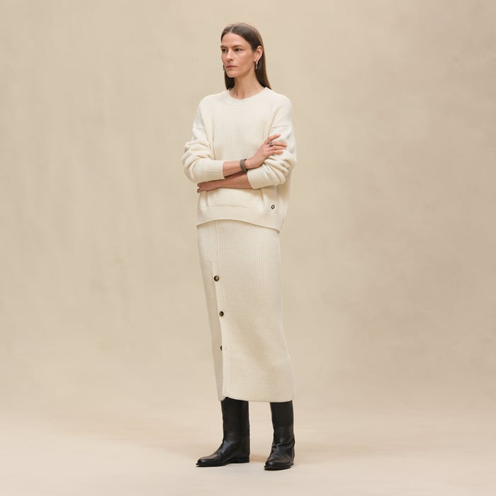 Blanc Naturel Buttoned Mid-length Skirt With Slit