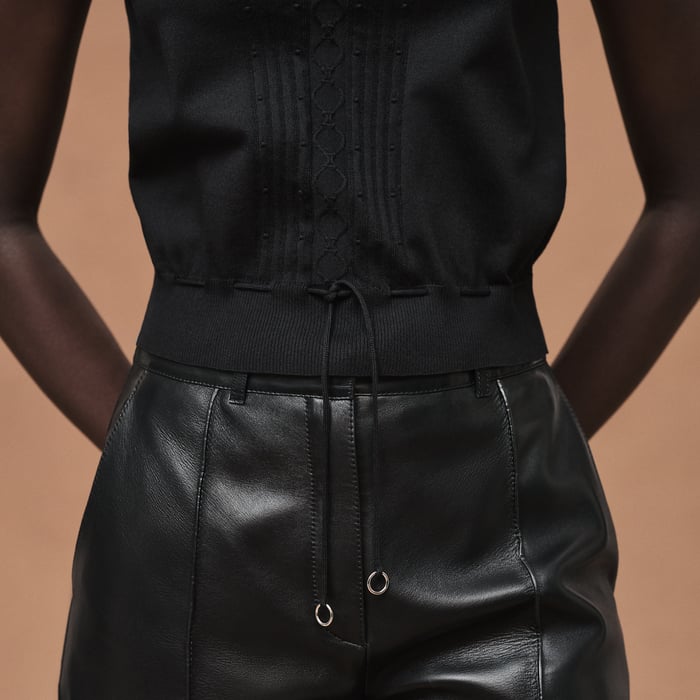 Noir Short-sleeve Sweater With Ruffled Details