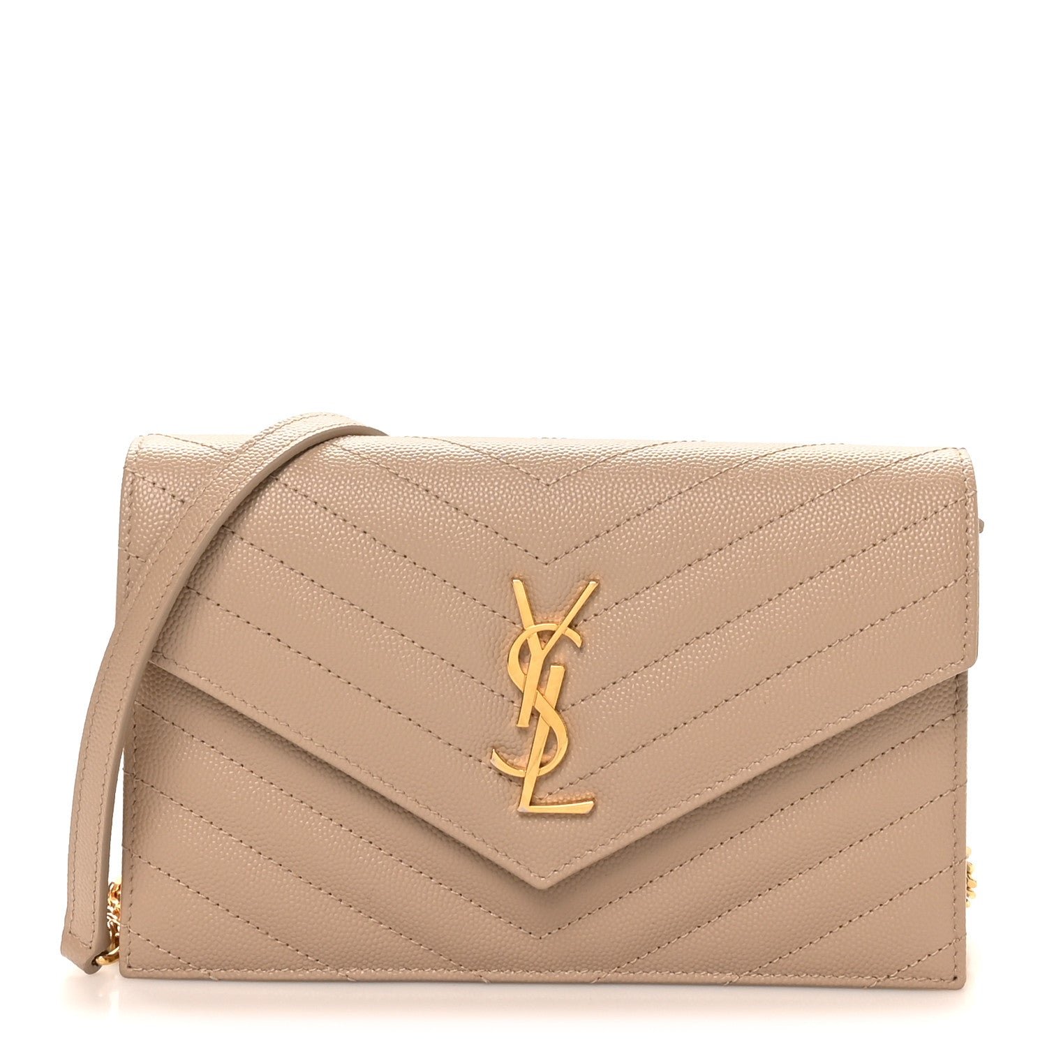 Saint Laurent Grain De Poudre Matelasse Chevron Monogram Envelope Chain Wallet Dark Beige
