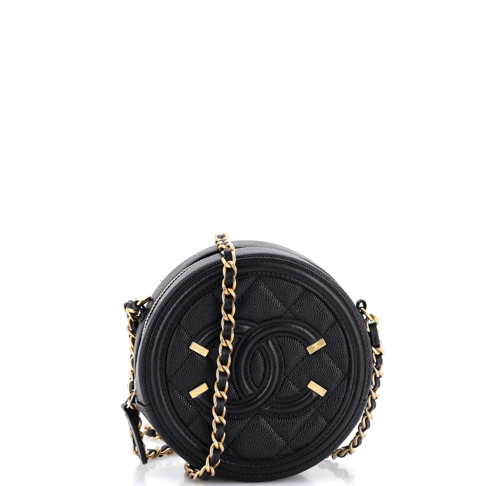 Filigree Round Clutch with Chain Quilted Caviar Mini