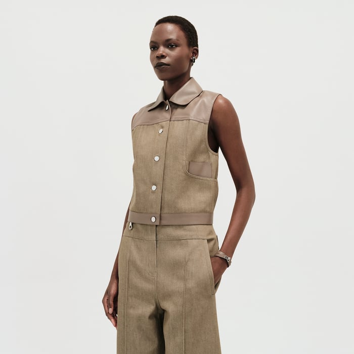 Vert Thé De Rooibos Sleeveless Jacket With Leather Details
