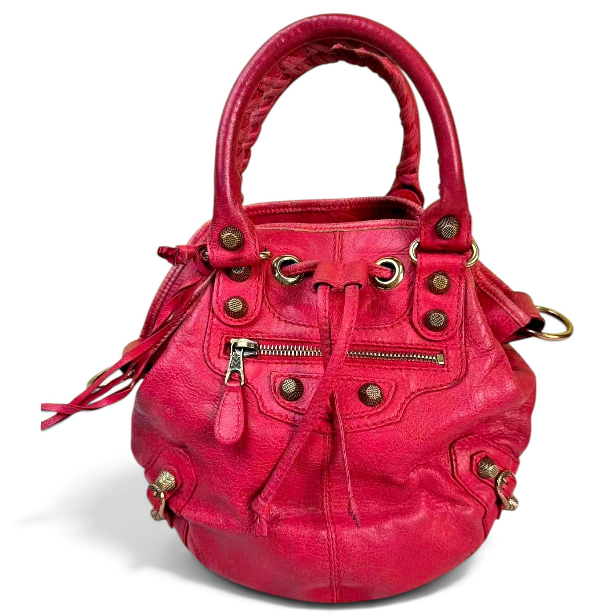 Pompon leather handbag