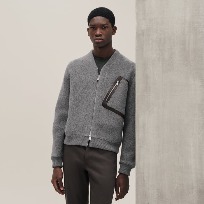 Gris Zipped Varsity Cardigan With Leather Detail