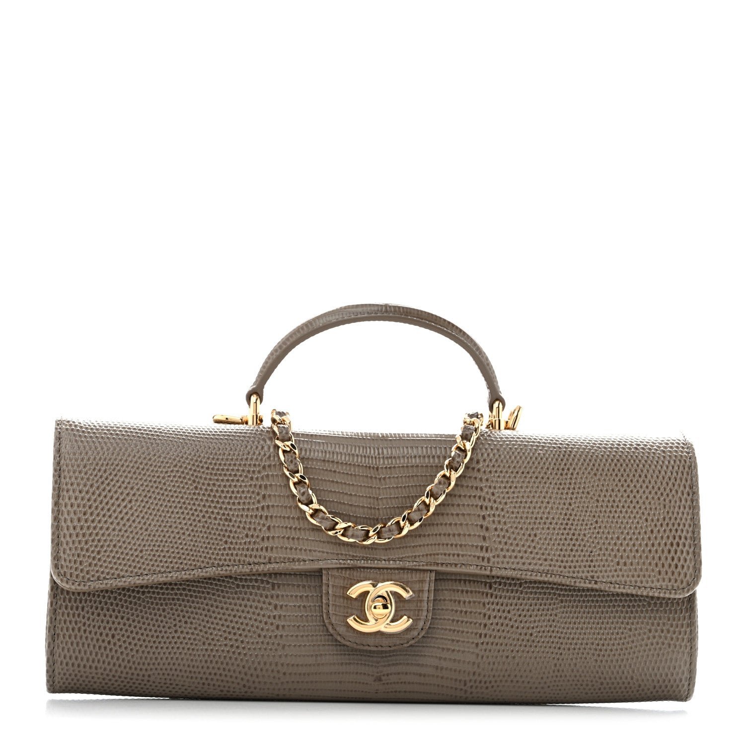 Chanel Calfskin Lizard Embossed Top Handle Long Clutch With Chain Dark Khaki