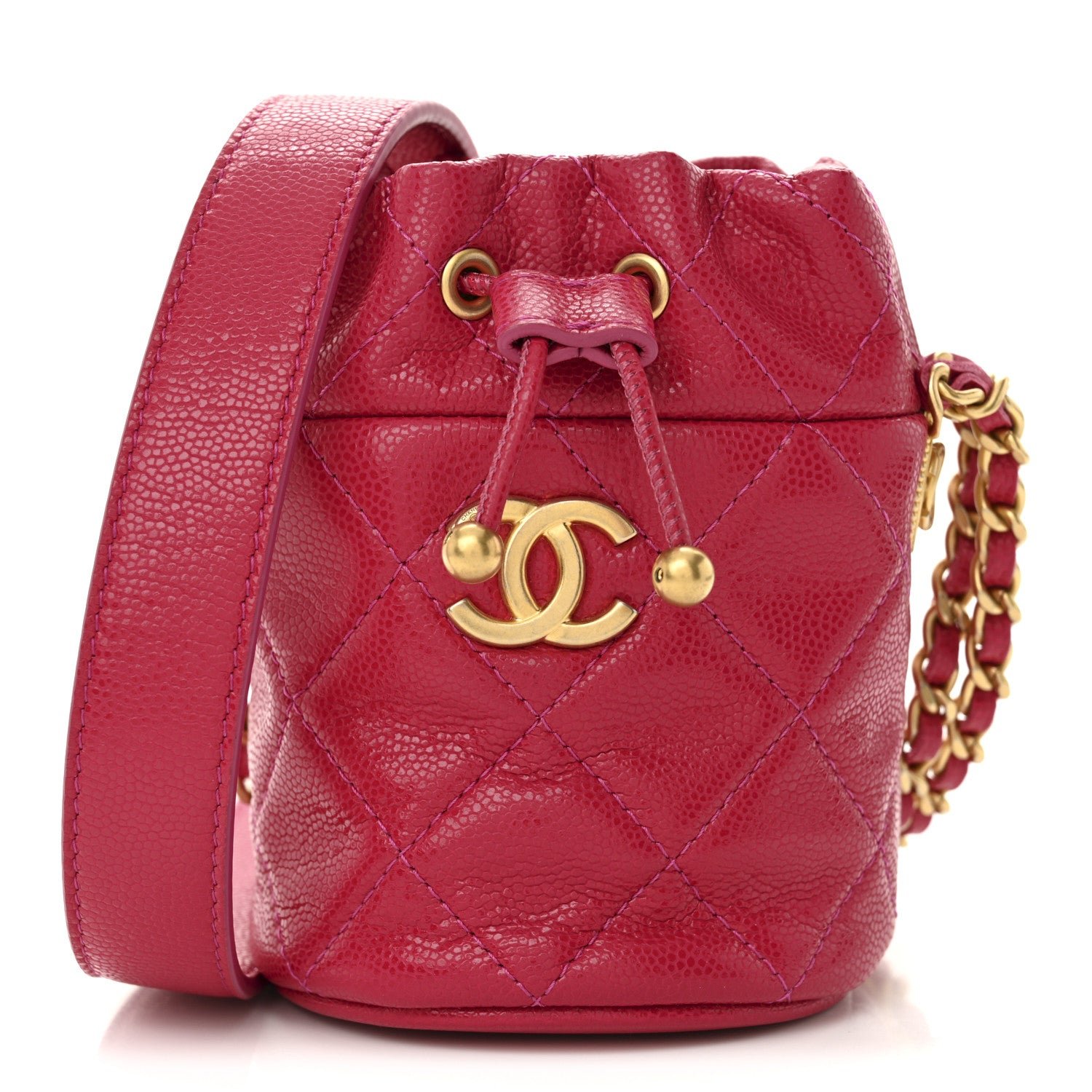 Chanel Caviar Quilted Twist Your Buttons Mini Bucket Bag Fuchsia