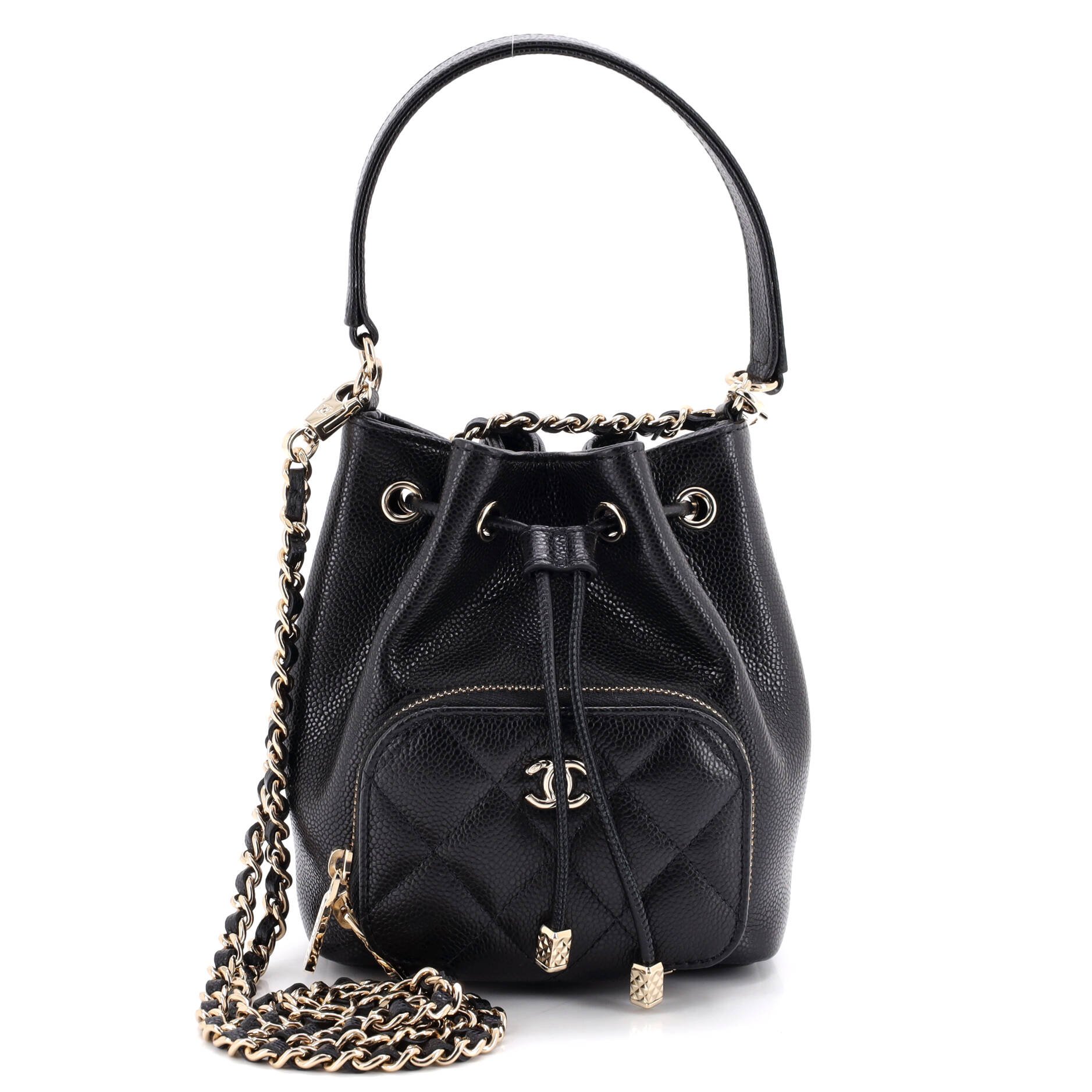 Business Affinity Top Handle Drawstring Bucket Bag Quilted Caviar Mini
