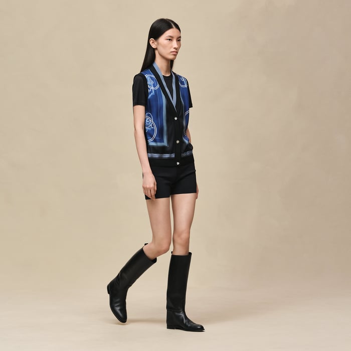 Bleu Lagune "Ex-libris a Main Levee" Sleeveless Twillaine Cardigan