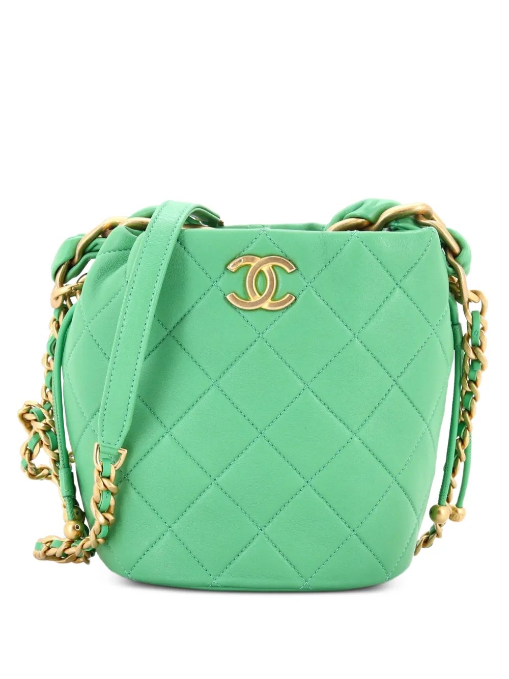 Entwined Chain Top Handle Drawstring Quilted Shiny Lambskin Small bucket bag