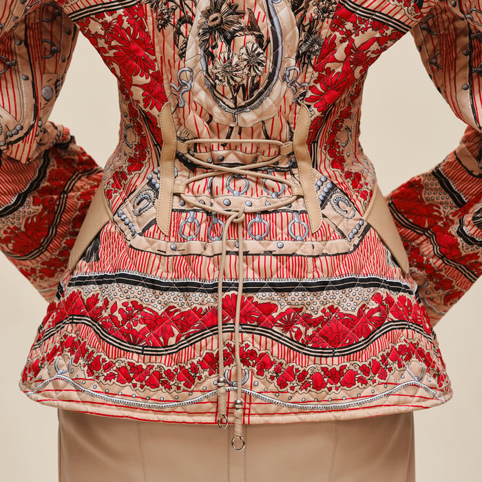 Beige Cajou "Aux Champs En Fleurs Raye" Mixed Leather Mat Equestrian Jacket
