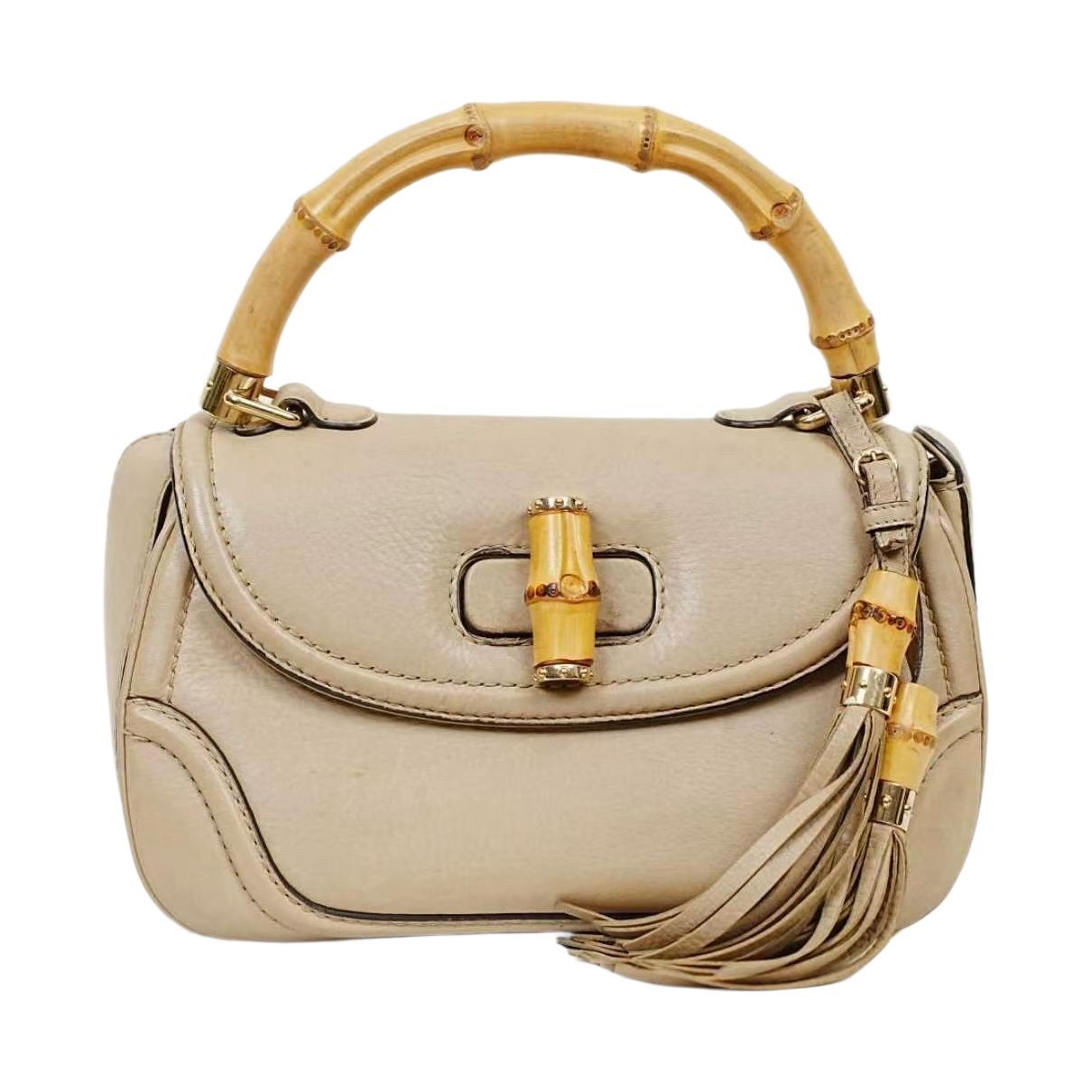 Convertible Pompon Bamboo Top Handle leather handbag