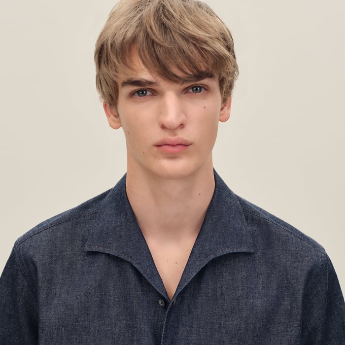 Indigo Short-sleeve Straight Cut Shirt With Notched Collar