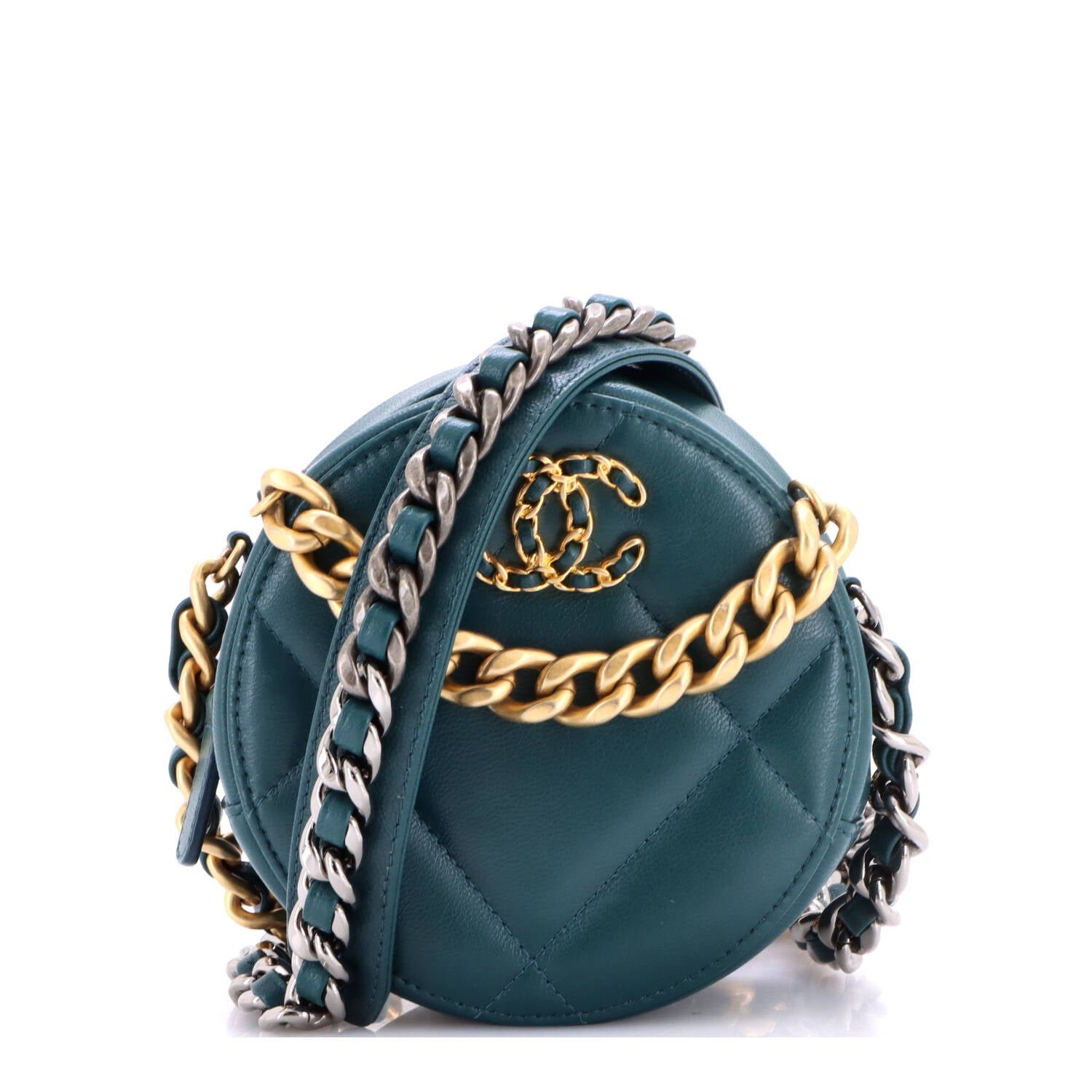 19 Round Clutch with Chain Quilted Leather