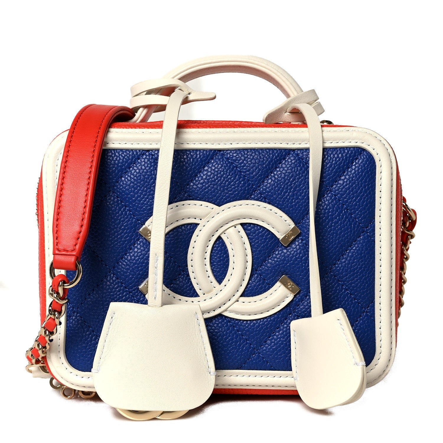Chanel Caviar Quilted Small CC Filigree Vanity Case Blue White Red