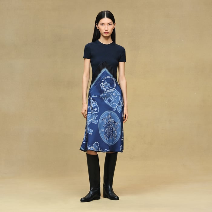 Bleu Lagune "Ex-libris a Main Levee" Short-sleeve Twillaine Long Dress