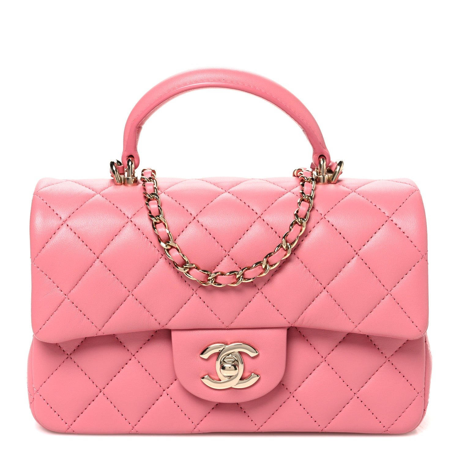 Chanel Lambskin Quilted Mini Top Handle Rectangular Flap Pink