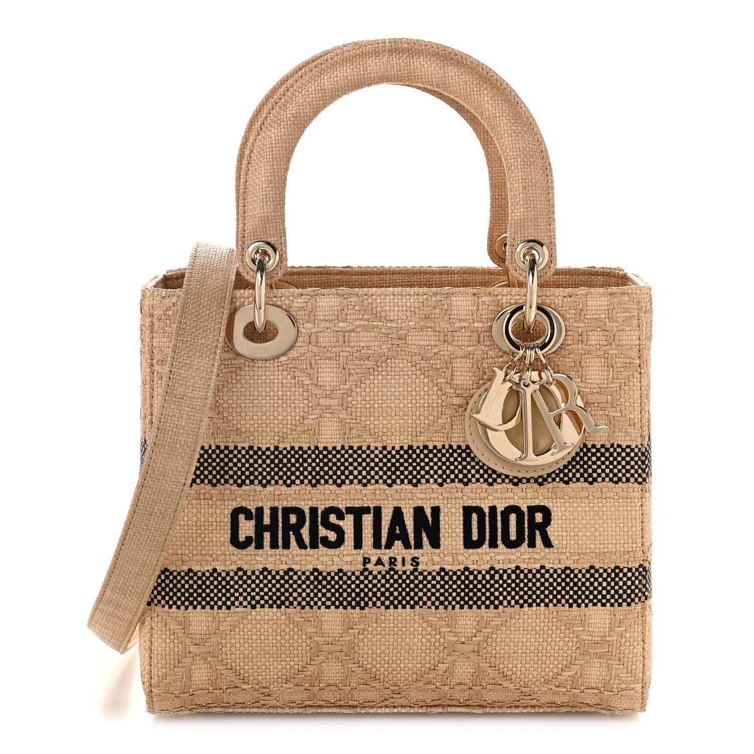 Christian Dior Raffia Woven Cannage Embroidered Medium Lady D-Lite Natural Black