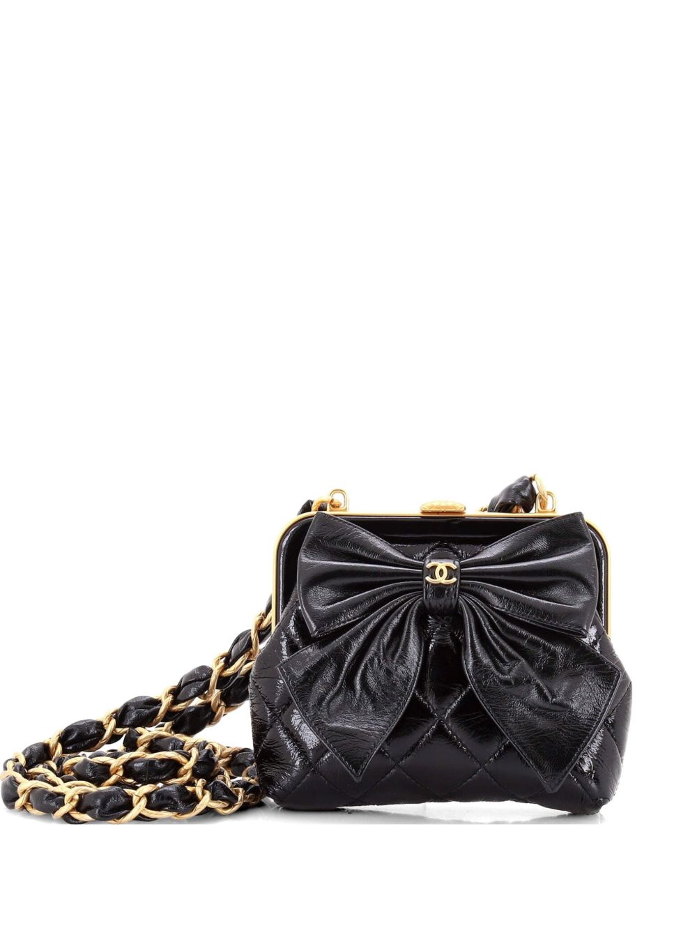 Bow Frame Clutch With Chain Quilted Patent with Lambskin Mini crossbody bag