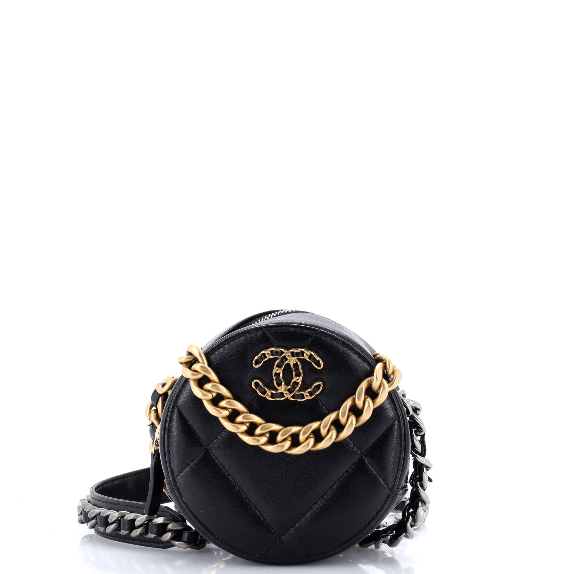 19 Round Clutch with Chain Quilted Leather