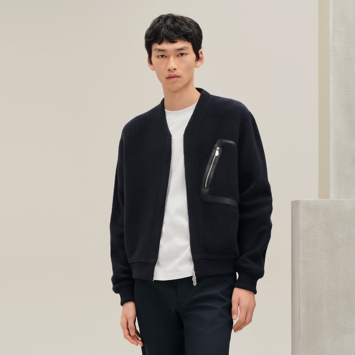 Marine Zipped Varsity Cardigan With Leather Detail