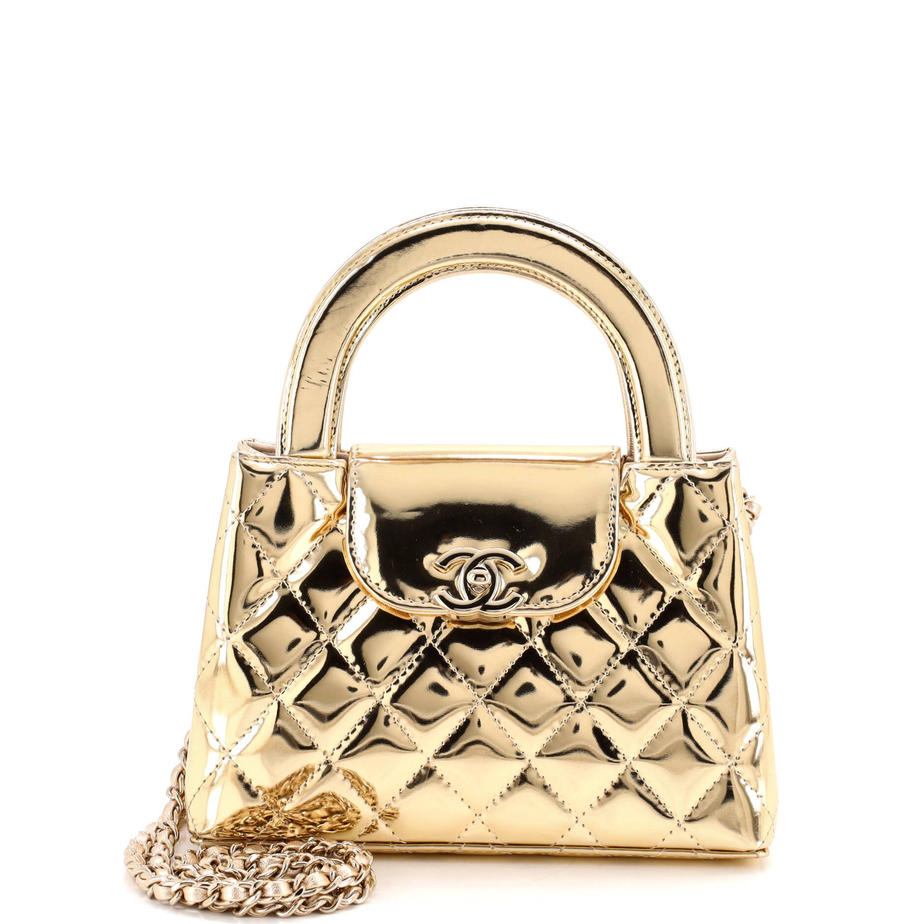 Kelly Top Handle Shopping Bag Quilted Metallic Lambskin Mini