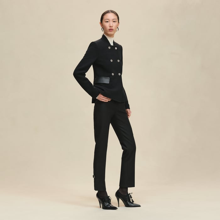Noir Short Pea Coat With Leather Details