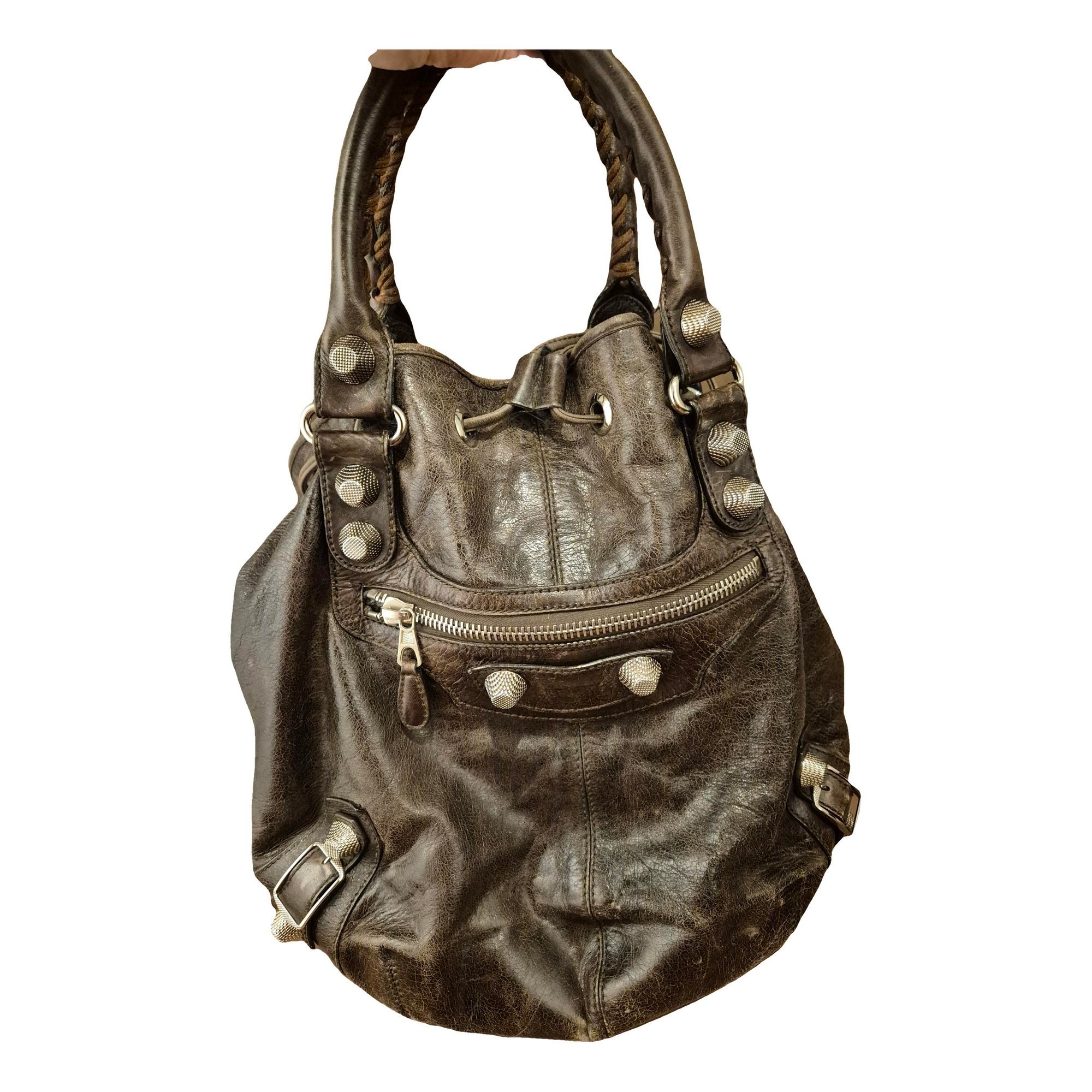 Pompon leather handbag