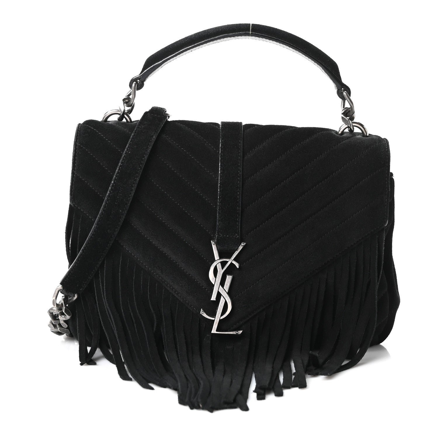 Saint Laurent Suede Matelasse Chevron Fringe Monogram Medium College Bag Black