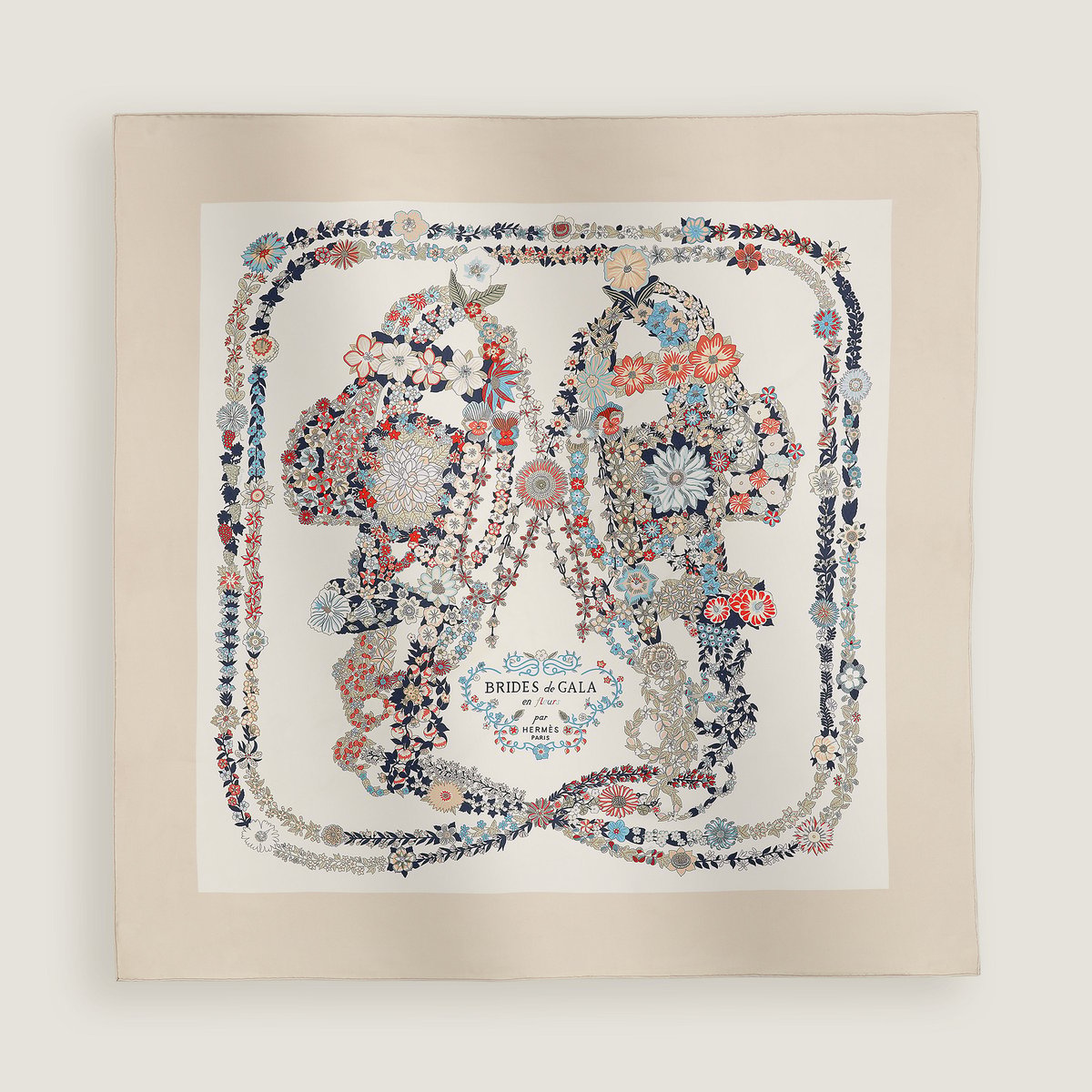 Hermès Brides de Gala en Fleurs scarf 90 Sable/Blanc/Bleu | BagUSeek