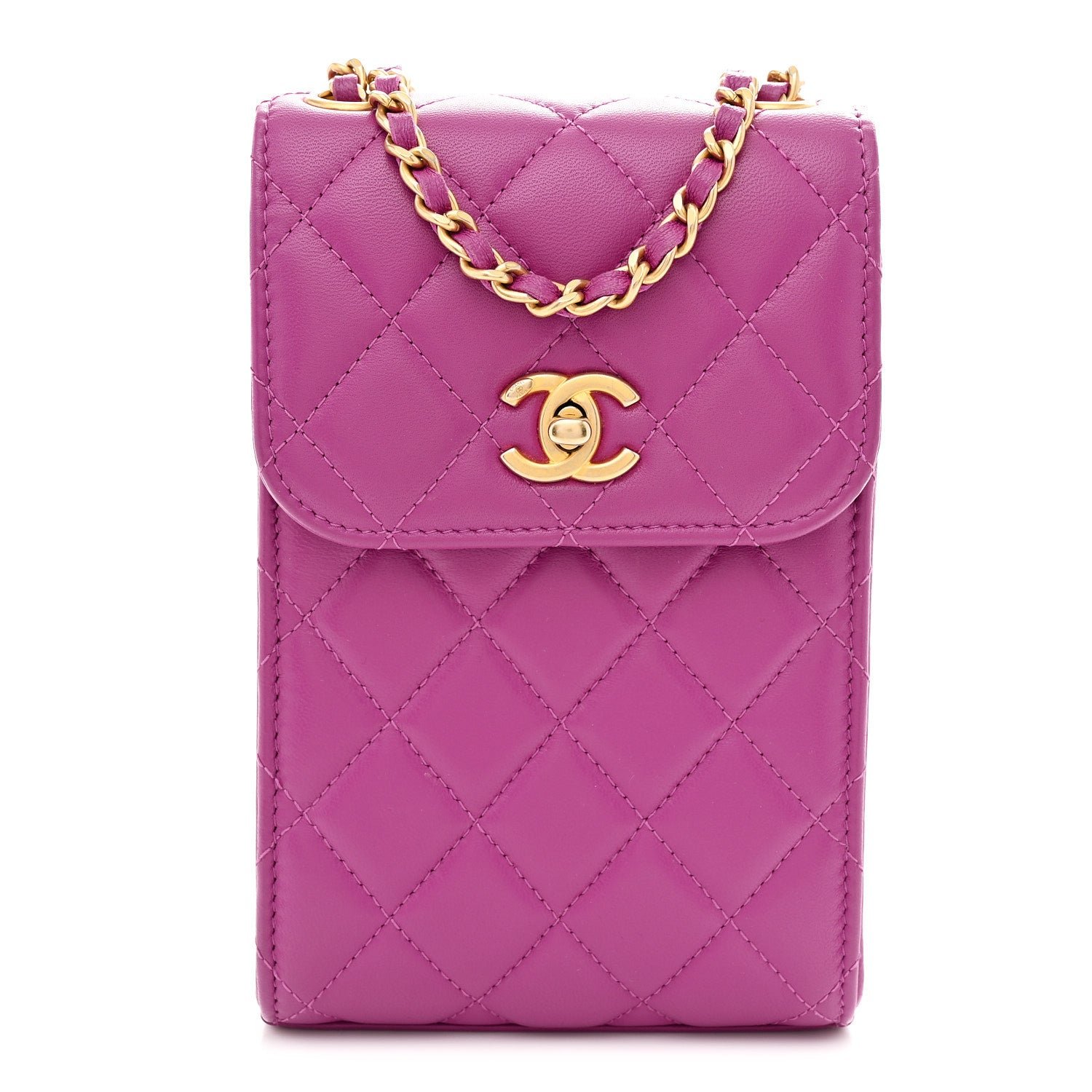 Chanel Lambskin Quilted Pearl Crush Phone Holder With Chain Purple