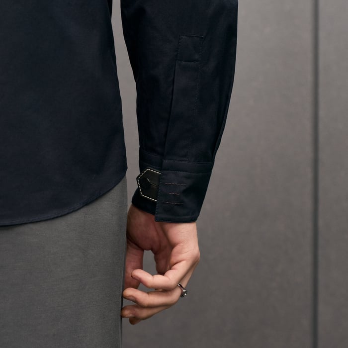 Marine Straight Cut Shirt With Leather Detail