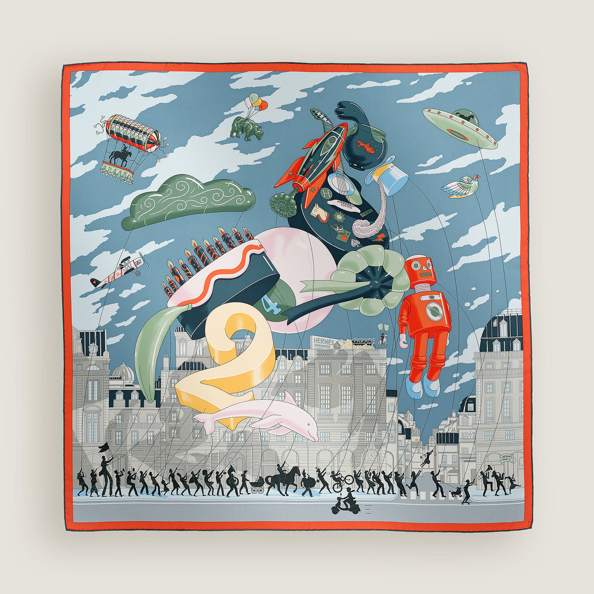 Hermès Hermès Parade scarf 90 Gris Bleuté/Vert Amande/Orange
