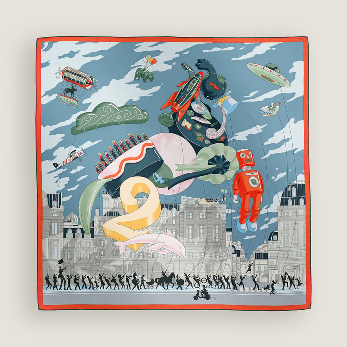 Hermès Hermès Parade scarf 90 Gris Bleuté/Vert Amande/Orange