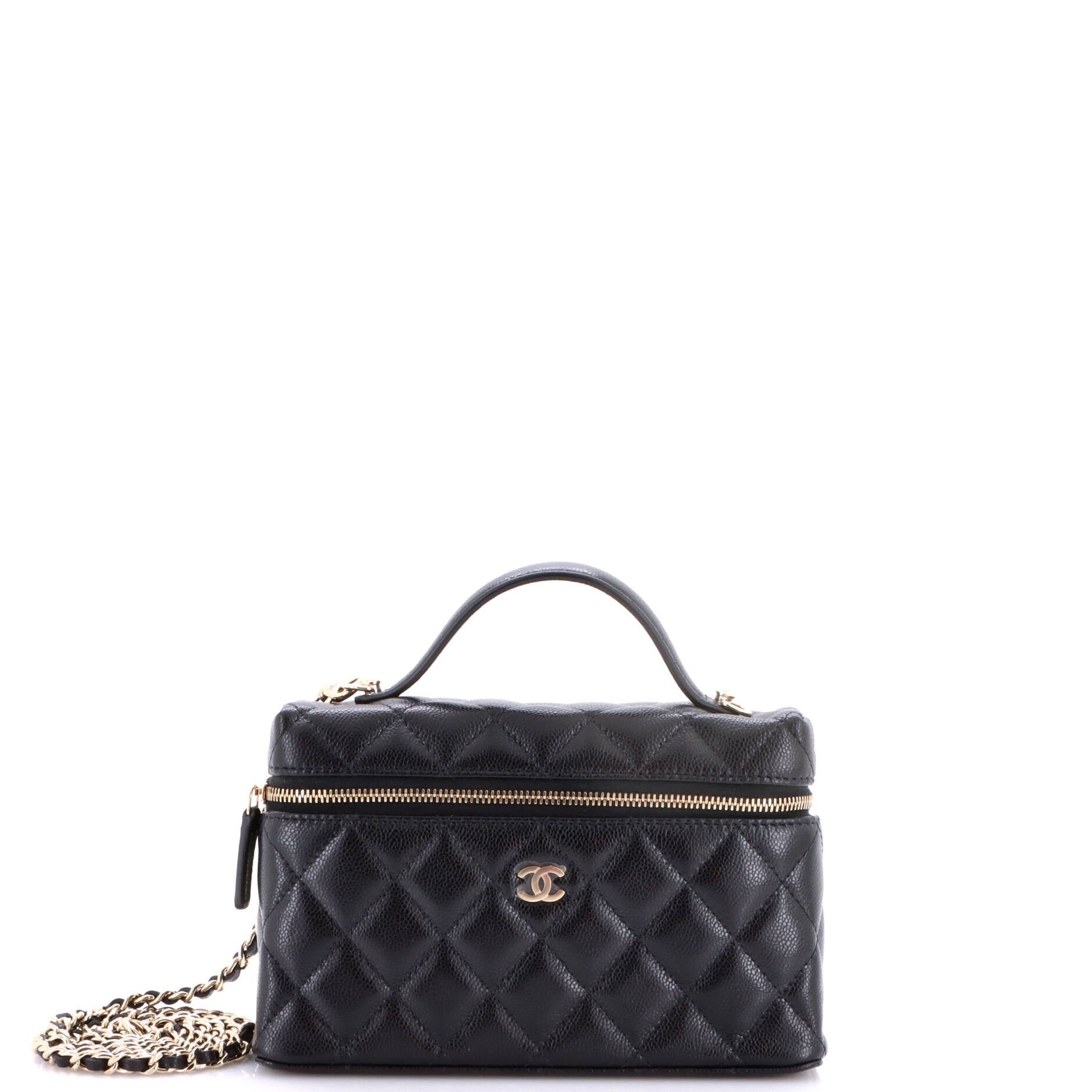 Classic Top Handle Slim Vanity Case with Chain Quilted Caviar Small