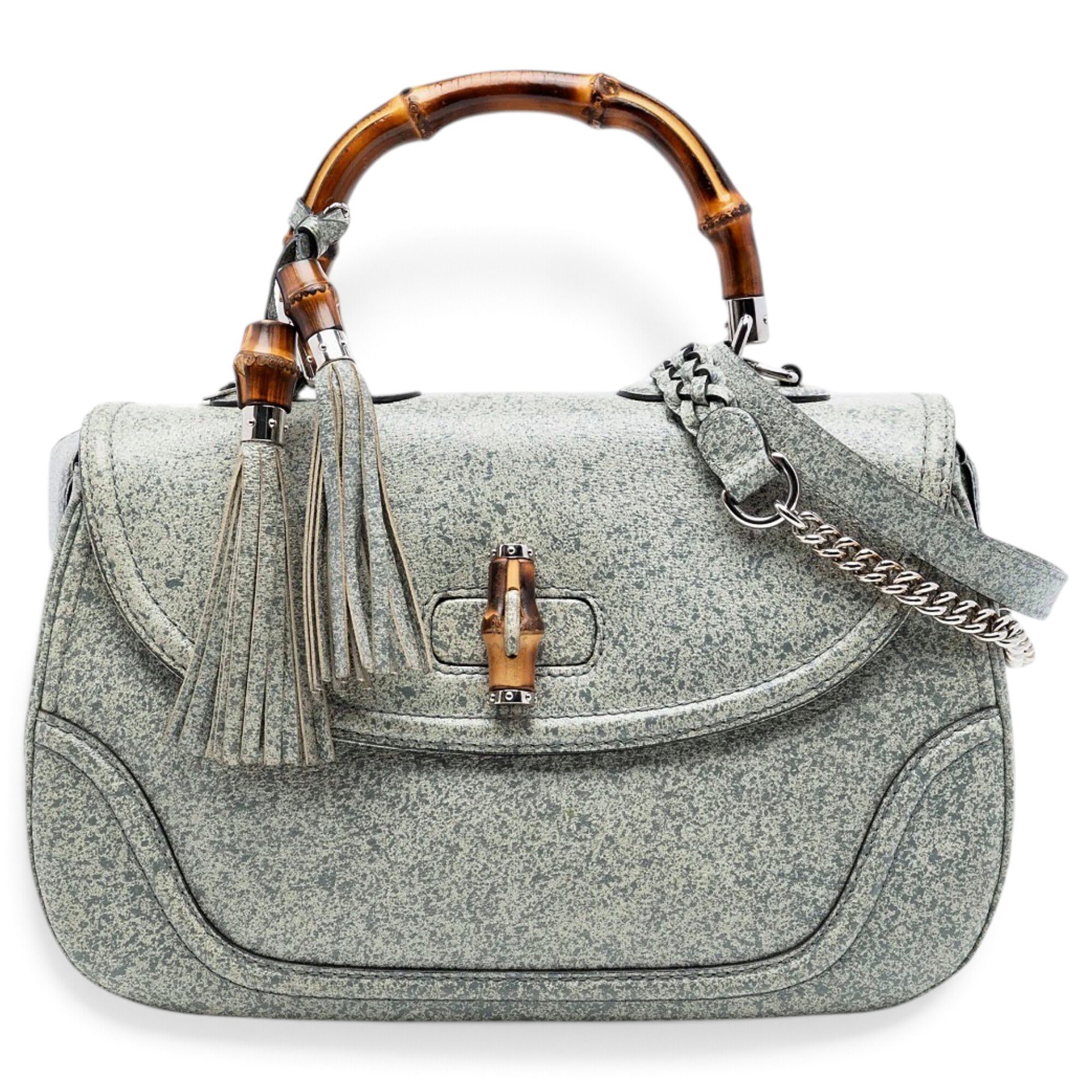 Convertible Pompon Bamboo Top Handle leather handbag