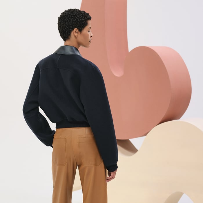 Bleu Noir Cashmere Bomber Jacket With Leather Detail