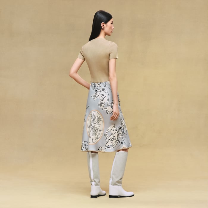 Gris Paruline "Ex-libris a Main Levee" Short-sleeve Twillaine Long Dress