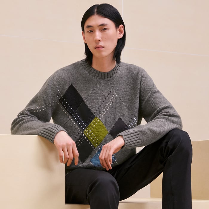 Tourbe Cashmere "Argyle Brode Cuir" Crewneck Sweater