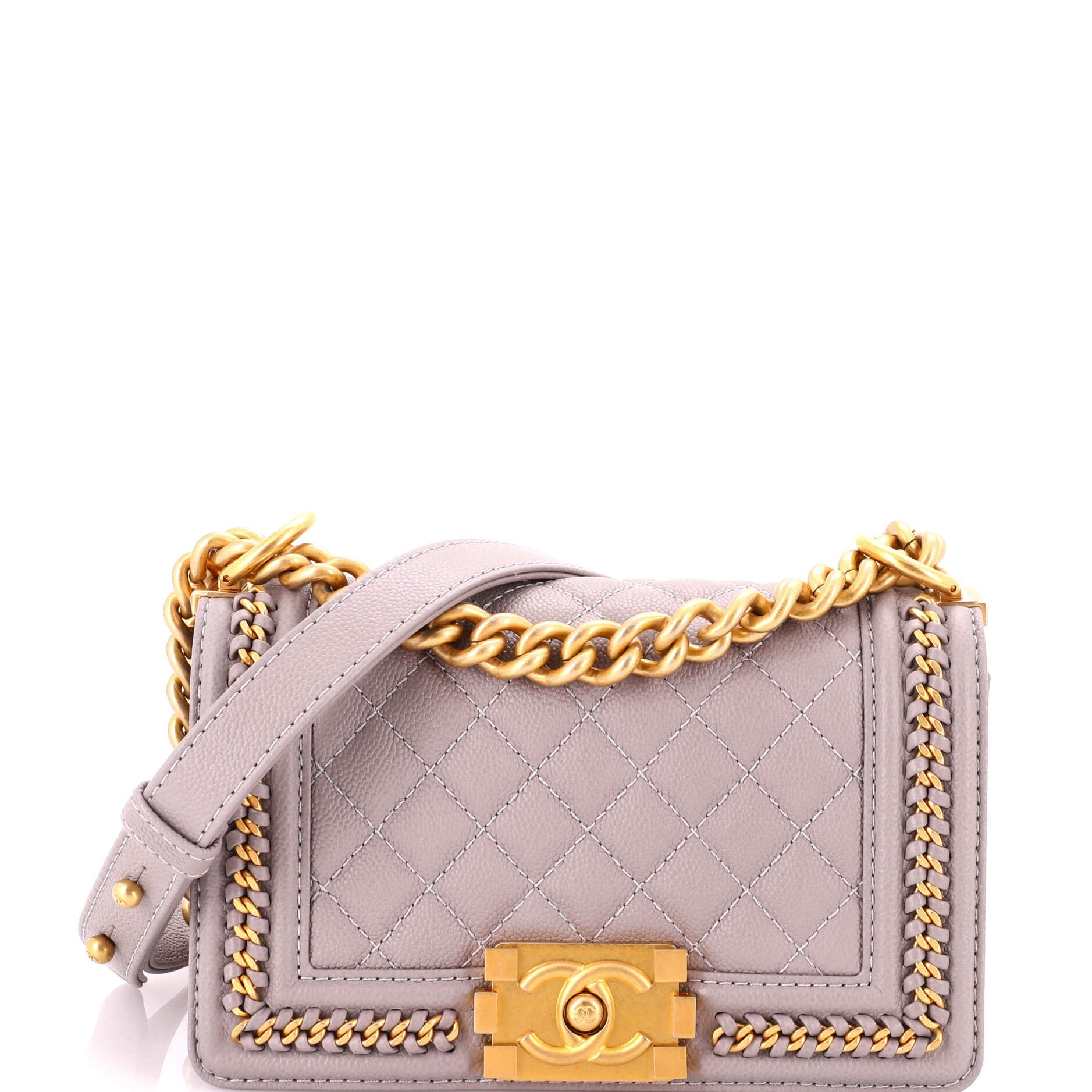 Boy Flap Bag Quilted Caviar with Whipstitch Chain Detail Small